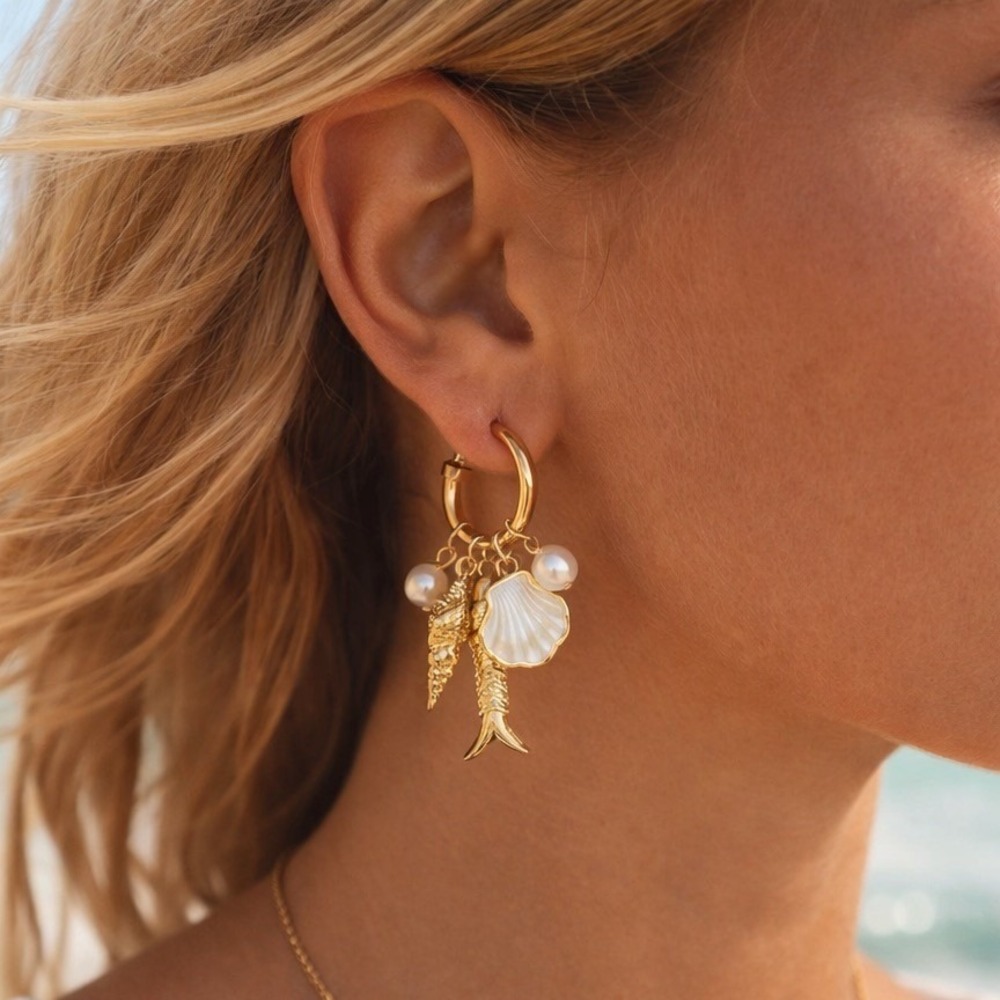 Coastal Style  Nautical Charm Hoop Earrings Fish Shell Pearl Beachy Ocean Summer